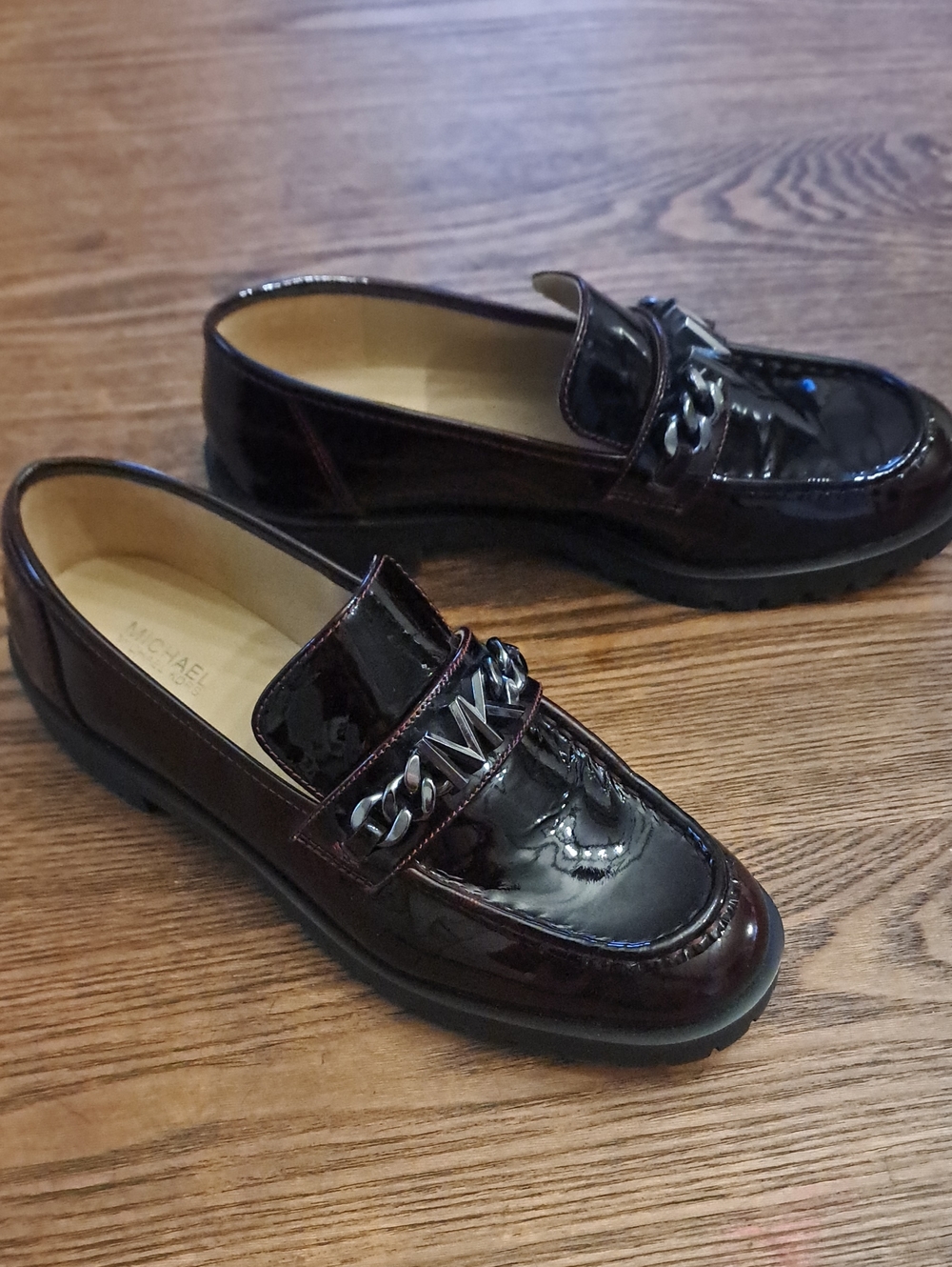 Michael Kors Women’s Burgundy Patent Leather Chain-Trim Loafers